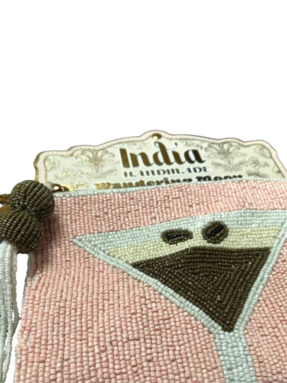 Pink Beaded Travel Pouch Makeup Bag Espresso Martini Tassel Handmade 7.75 x 5 in
